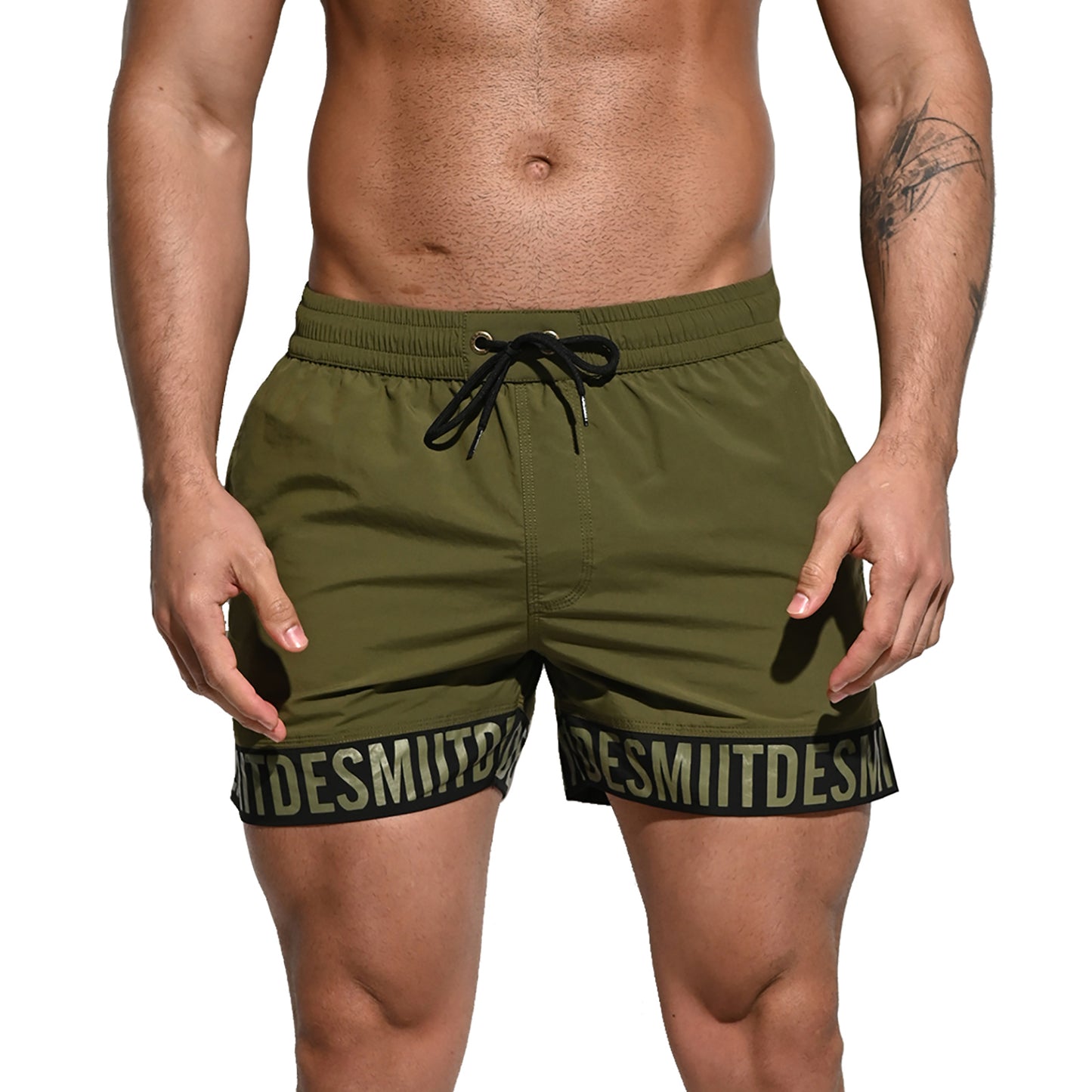 DESMIIT Men's Extra Short Alphabet Splicing Loose Board Shorts Fast-Dry Sports Swimwear B2105