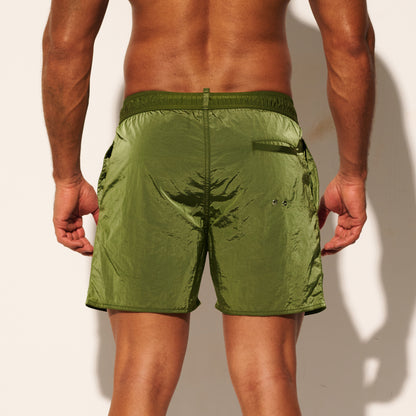 DESMIIT Men's Lightweight Quick‑Dry Shiny Fabric Drawstring Board Shorts with Pockets for Aerobics B3468