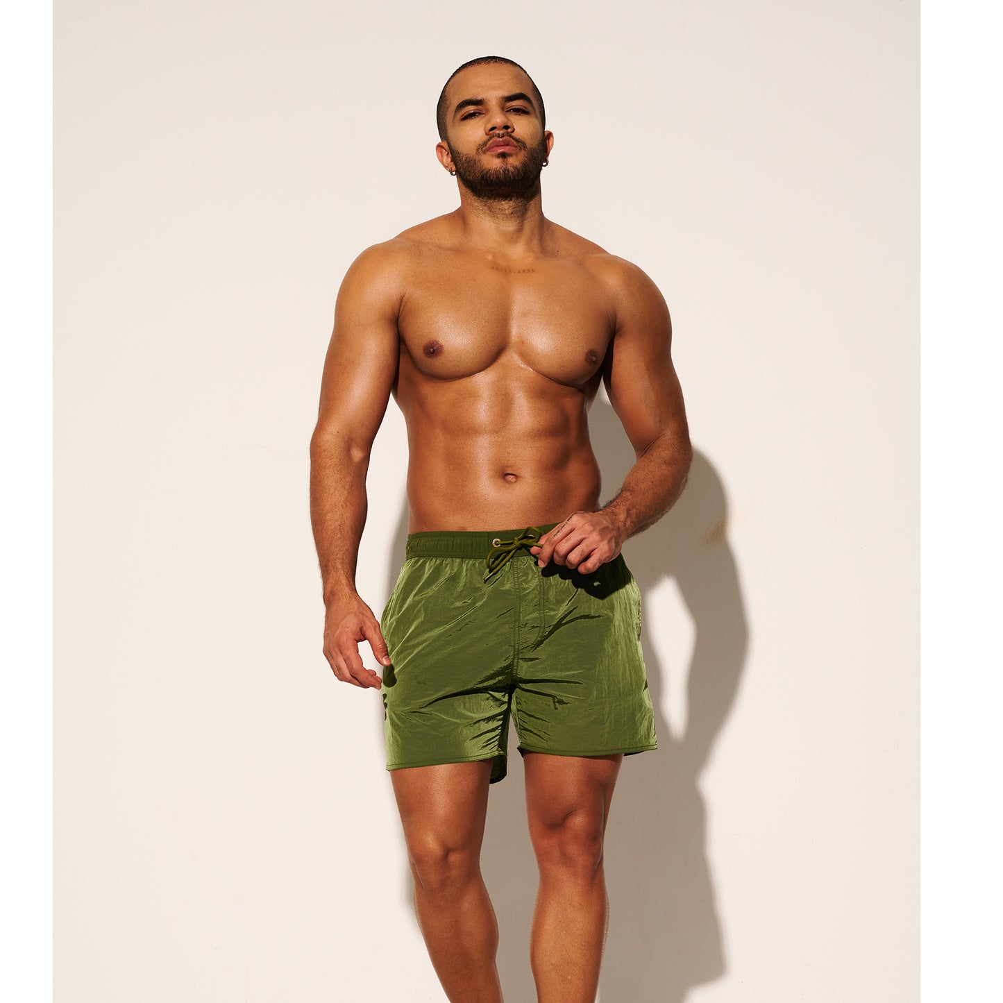 DESMIIT Men's Lightweight Quick‑Dry Shiny Fabric Drawstring Board Shorts with Pockets for Aerobics B3468
