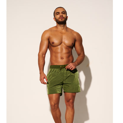 DESMIIT Men's Lightweight Quick‑Dry Shiny Fabric Drawstring Board Shorts with Pockets for Aerobics B3468