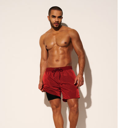 DESMIIT Men's Lightweight Quick‑Dry Shiny Fabric Drawstring Board Shorts with Pockets for Aerobics B3468