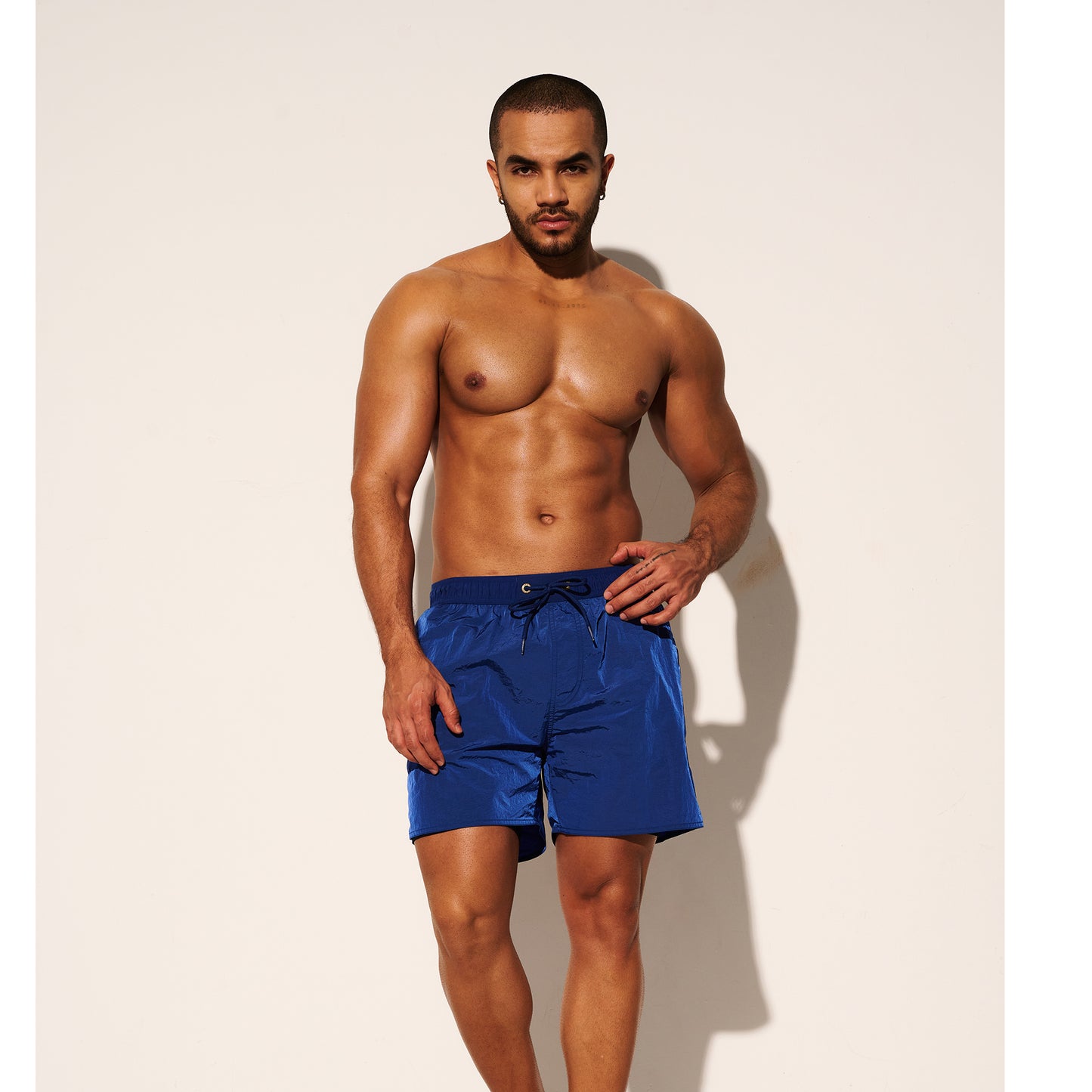 DESMIIT Men's Lightweight Quick‑Dry Shiny Fabric Drawstring Board Shorts with Pockets for Aerobics B3468