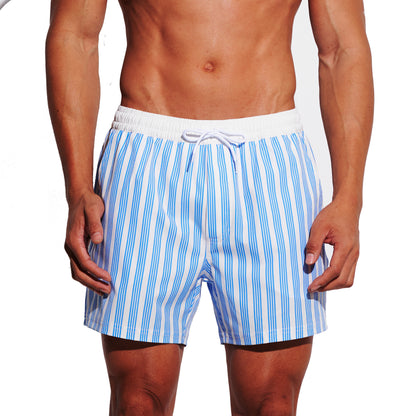 `DESMIIT Men's Fashion Striped Blue‑White Swim Board Shorts, Quick‑Dry Breathable Summer Beach Trunks B4688