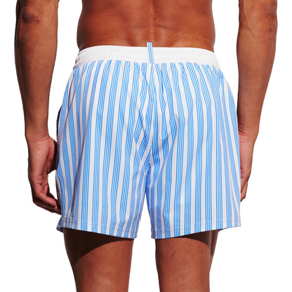`DESMIIT Men's Fashion Striped Blue‑White Swim Board Shorts, Quick‑Dry Breathable Summer Beach Trunks B4688