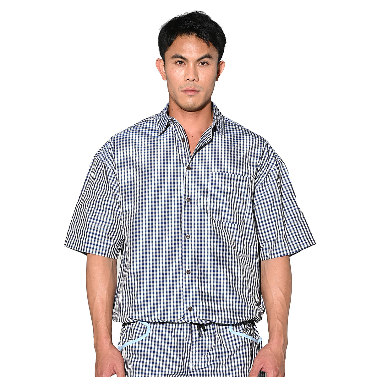DESMIIT Men's Plaid Short Sleeve Button Down Shirt Loose Fit Non-Stretch Nylon Camp Collar Casual Vacation Shirt with Chest Pocket T3502