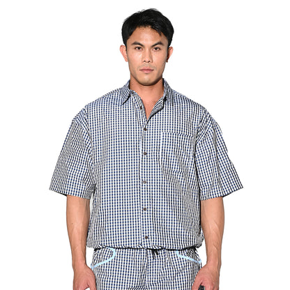 DESMIIT Men's Plaid Short Sleeve Button Down Shirt Loose Fit Non-Stretch Nylon Camp Collar Casual Vacation Shirt with Chest Pocket T3502