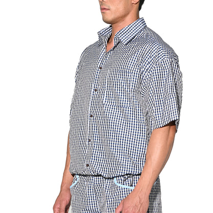 DESMIIT Men's Plaid Short Sleeve Button Down Shirt Loose Fit Non-Stretch Nylon Camp Collar Casual Vacation Shirt with Chest Pocket T3502