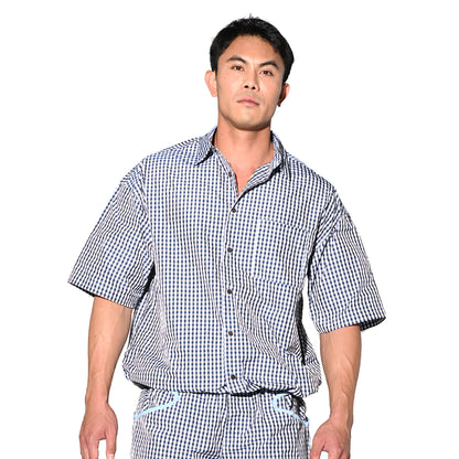 DESMIIT Men's Plaid Short Sleeve Button Down Shirt Loose Fit Non-Stretch Nylon Camp Collar Casual Vacation Shirt with Chest Pocket T3502