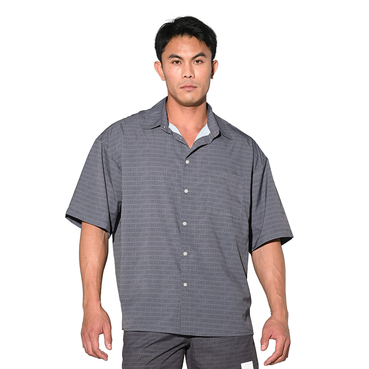 DESMIIT Men's Letter Print Short Sleeve Button Down Shirt Loose Fit Non-Stretch Nylon Camp Collar Casual Vacation Shirt T3505