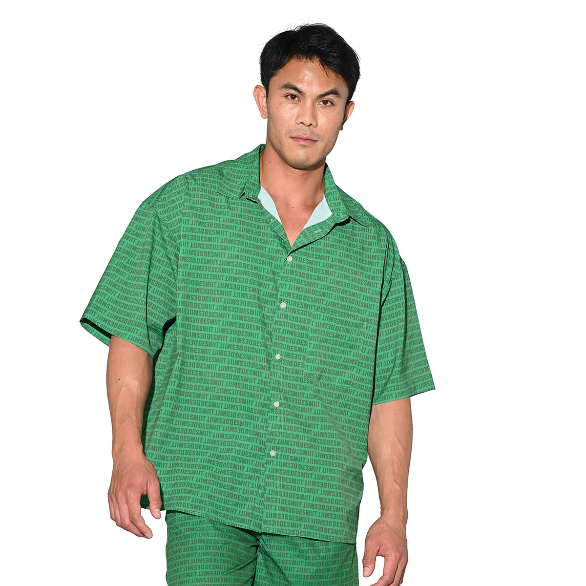 DESMIIT Men's Letter Print Short Sleeve Button Down Shirt Loose Fit Non-Stretch Nylon Camp Collar Casual Vacation Shirt T3505