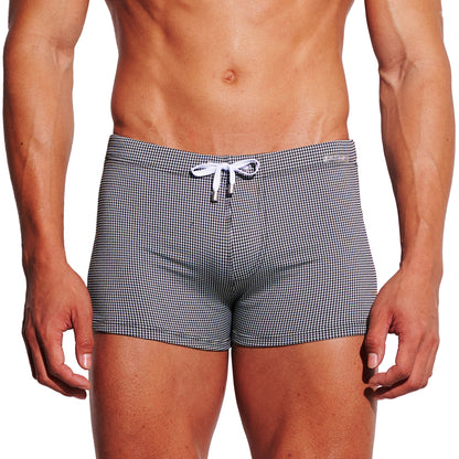 Men's Mini Plaid High‑Stretch Drawstring Swim Trunks Quick‑Dry Sports Swimwear with Built‑in Liner Cup S4627