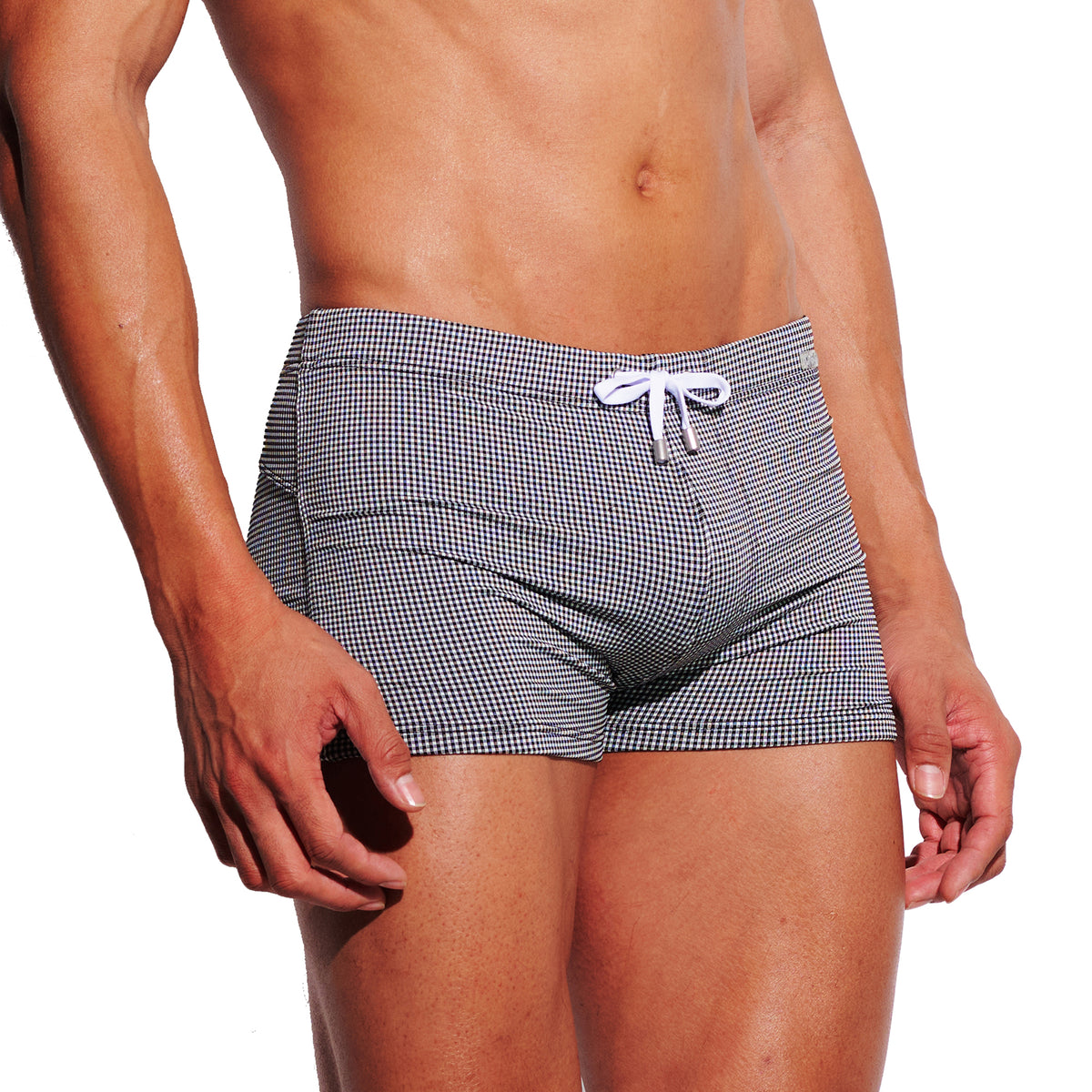 Men's Mini Plaid High‑Stretch Drawstring Swim Trunks Quick‑Dry Sports Swimwear with Built‑in Liner Cup S4627