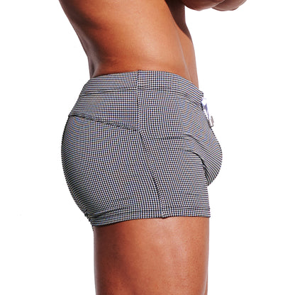 Men's Mini Plaid High‑Stretch Drawstring Swim Trunks Quick‑Dry Sports Swimwear with Built‑in Liner Cup S4627