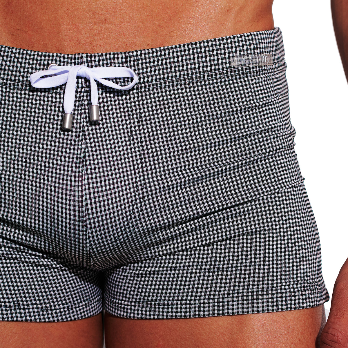Men's Mini Plaid High‑Stretch Drawstring Swim Trunks Quick‑Dry Sports Swimwear with Built‑in Liner Cup S4627
