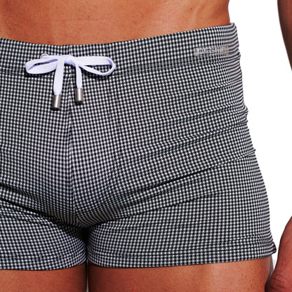 Men's Mini Plaid High‑Stretch Drawstring Swim Trunks Quick‑Dry Sports Swimwear with Built‑in Liner Cup S4627