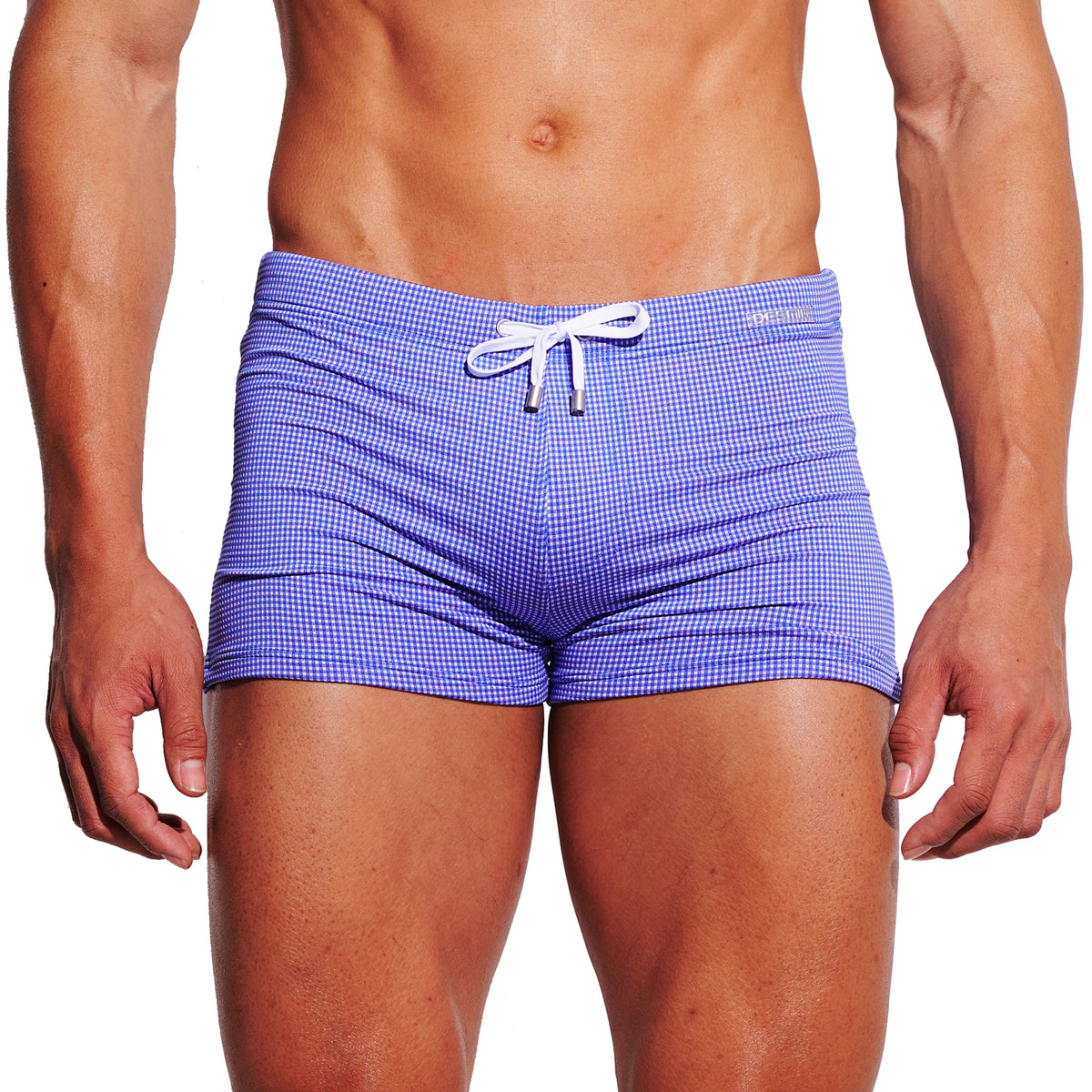 Men's Mini Plaid High‑Stretch Drawstring Swim Trunks Quick‑Dry Sports Swimwear with Built‑in Liner Cup S4627