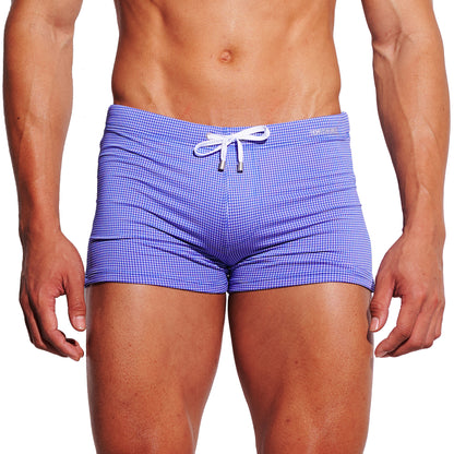 Men's Mini Plaid High‑Stretch Drawstring Swim Trunks Quick‑Dry Sports Swimwear with Built‑in Liner Cup S4627