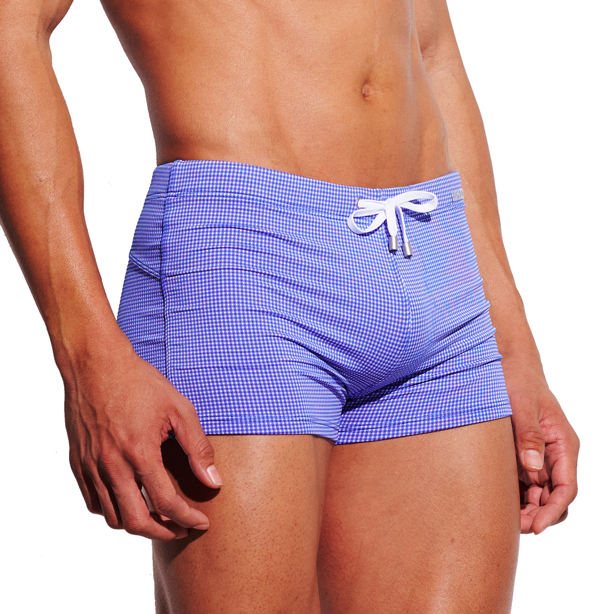 Men's Mini Plaid High‑Stretch Drawstring Swim Trunks Quick‑Dry Sports Swimwear with Built‑in Liner Cup S4627