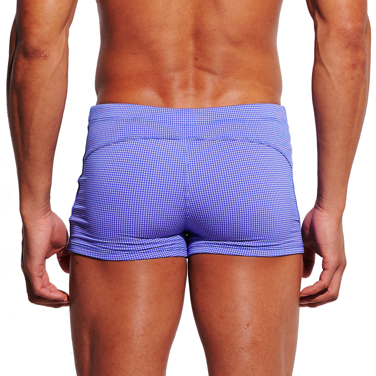 Men's Mini Plaid High‑Stretch Drawstring Swim Trunks Quick‑Dry Sports Swimwear with Built‑in Liner Cup S4627