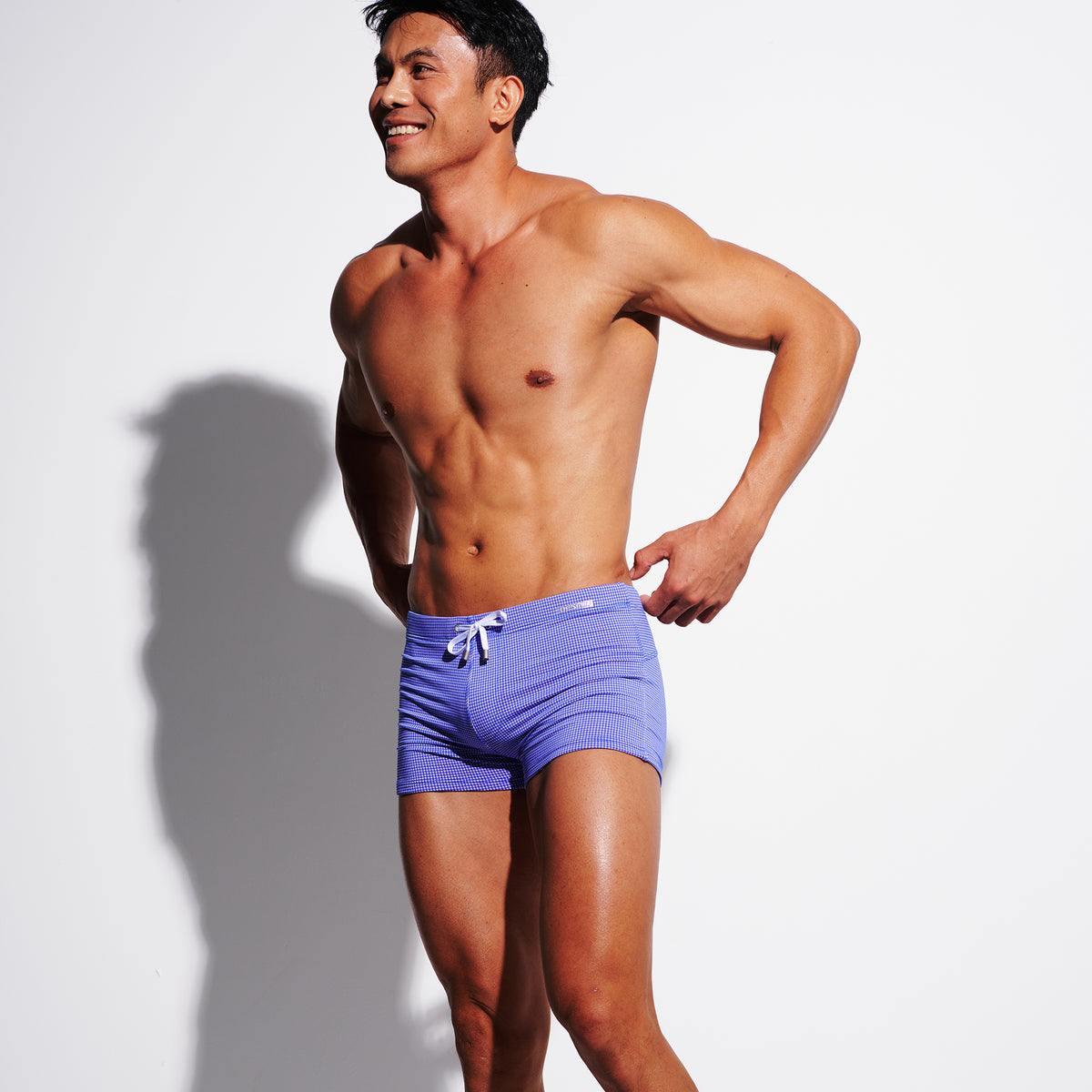 Men's Mini Plaid High‑Stretch Drawstring Swim Trunks Quick‑Dry Sports Swimwear with Built‑in Liner Cup S4627
