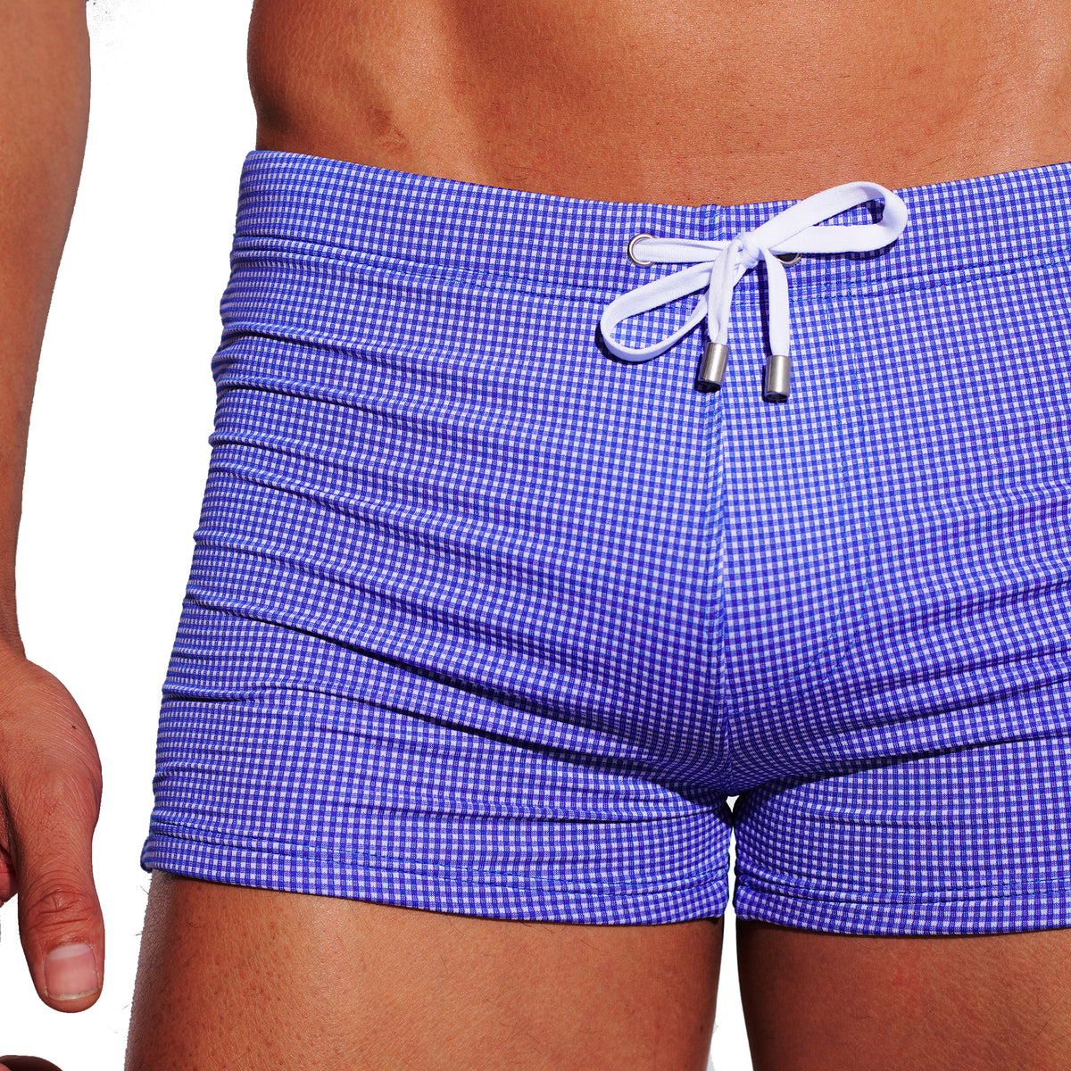 Men's Mini Plaid High‑Stretch Drawstring Swim Trunks Quick‑Dry Sports Swimwear with Built‑in Liner Cup S4627