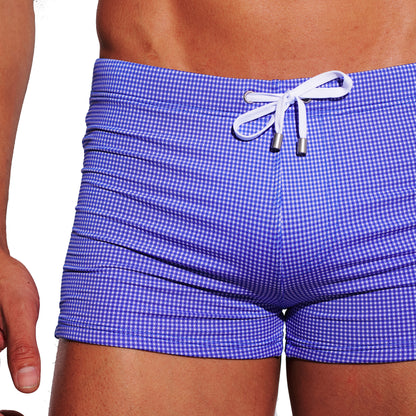 Men's Mini Plaid High‑Stretch Drawstring Swim Trunks Quick‑Dry Sports Swimwear with Built‑in Liner Cup S4627