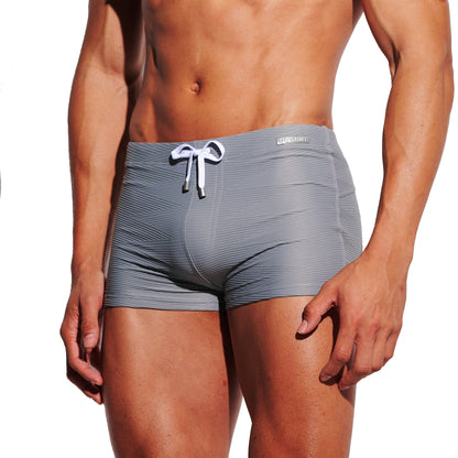 Men's Solid Jacquard High‑Stretch Drawstring Swim Trunks Quick‑Dry Sports Swimwear with Built‑in Liner Cup S4630