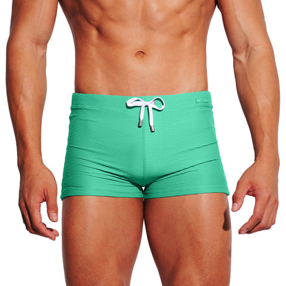 Men's Solid Jacquard High‑Stretch Drawstring Swim Trunks Quick‑Dry Sports Swimwear with Built‑in Liner Cup S4630