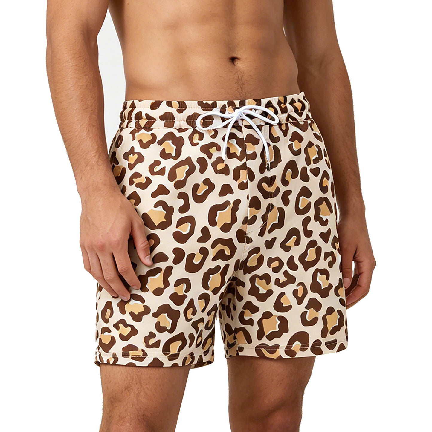 DESMIIT Men's Fashion Leopard Print Swim Board Shorts, Quick‑Dry Breathable Summer Beach Trunks B4690
