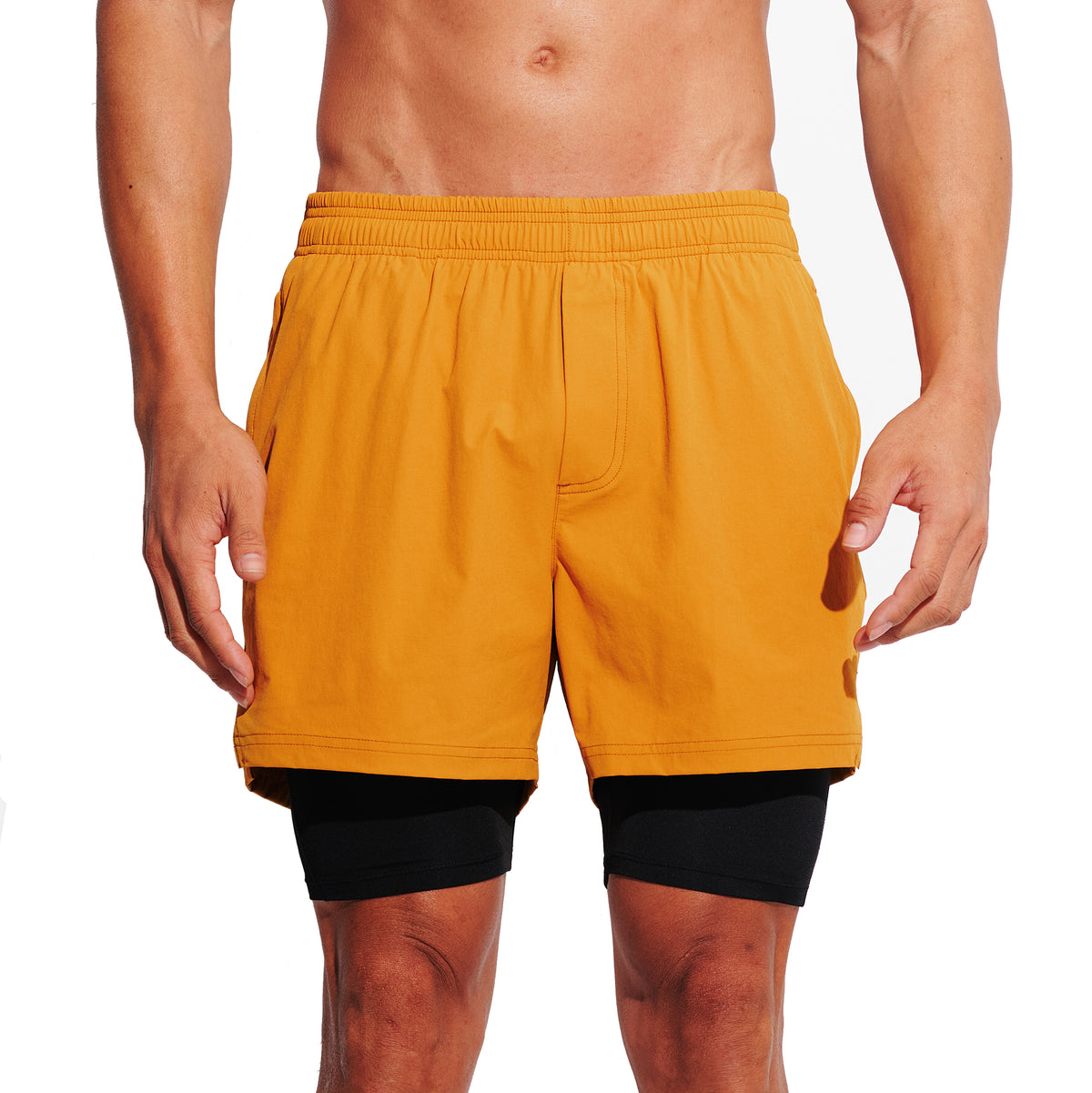 DESMIIT Men's Solid Color Board Shorts with Compression Full Liner, 4-Way Stretch Feather Light Quick Dry Shorts for Beach Gym and Aerobics B4692