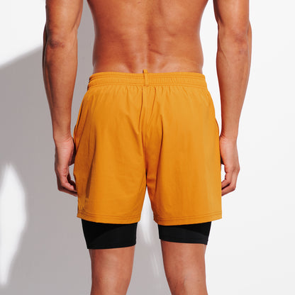 DESMIIT Men's Solid Color Board Shorts with Compression Full Liner, 4-Way Stretch Feather Light Quick Dry Shorts for Beach Gym and Aerobics B4692