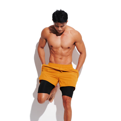DESMIIT Men's Solid Color Board Shorts with Compression Full Liner, 4-Way Stretch Feather Light Quick Dry Shorts for Beach Gym and Aerobics B4692