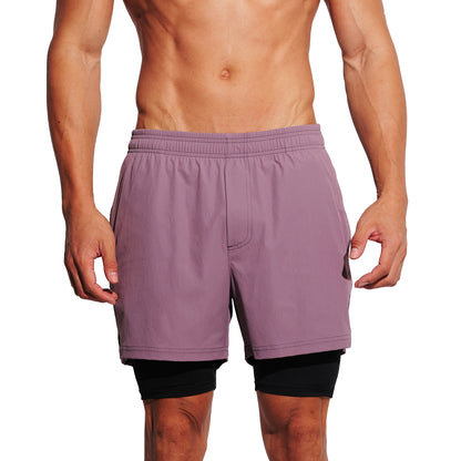 DESMIIT Men's Solid Color Board Shorts with Compression Full Liner, 4-Way Stretch Feather Light Quick Dry Shorts for Beach Gym and Aerobics B4692
