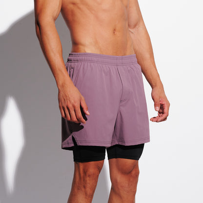 DESMIIT Men's Solid Color Board Shorts with Compression Full Liner, 4-Way Stretch Feather Light Quick Dry Shorts for Beach Gym and Aerobics B4692