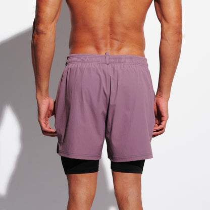 DESMIIT Men's Solid Color Board Shorts with Compression Full Liner, 4-Way Stretch Feather Light Quick Dry Shorts for Beach Gym and Aerobics B4692
