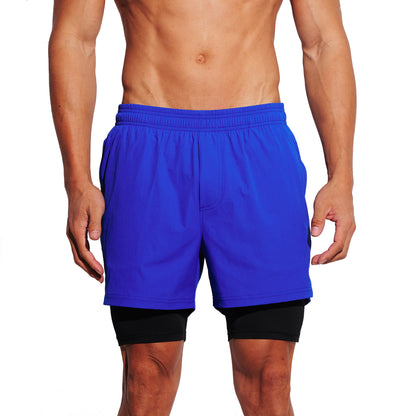DESMIIT Men's Solid Color Board Shorts with Compression Full Liner, 4-Way Stretch Feather Light Quick Dry Shorts for Beach Gym and Aerobics B4692