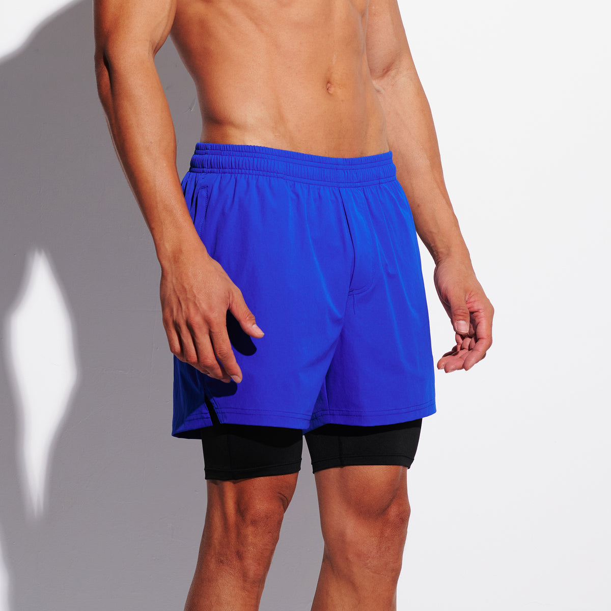 DESMIIT Men's Solid Color Board Shorts with Compression Full Liner, 4-Way Stretch Feather Light Quick Dry Shorts for Beach Gym and Aerobics B4692