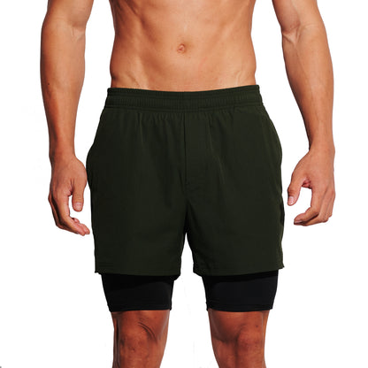 DESMIIT Men's Solid Color Board Shorts with Compression Full Liner, 4-Way Stretch Feather Light Quick Dry Shorts for Beach Gym and Aerobics B4692