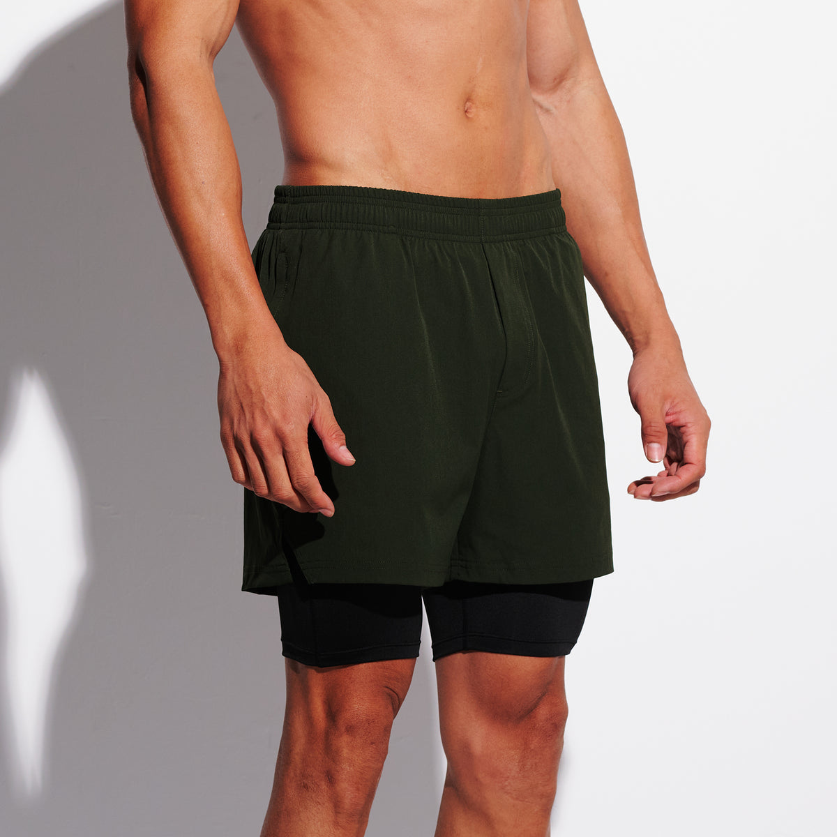 DESMIIT Men's Solid Color Board Shorts with Compression Full Liner, 4-Way Stretch Feather Light Quick Dry Shorts for Beach Gym and Aerobics B4692
