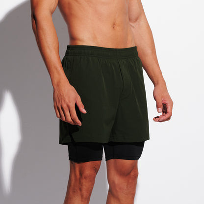DESMIIT Men's Solid Color Board Shorts with Compression Full Liner, 4-Way Stretch Feather Light Quick Dry Shorts for Beach Gym and Aerobics B4692