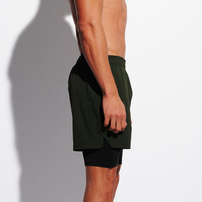 DESMIIT Men's Solid Color Board Shorts with Compression Full Liner, 4-Way Stretch Feather Light Quick Dry Shorts for Beach Gym and Aerobics B4692