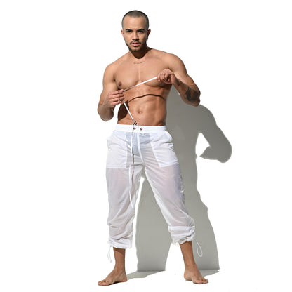 Desmiit Men's Lightweight See-Through Translucent Unlined Solid Long Beach Pants UV Blocking B1129