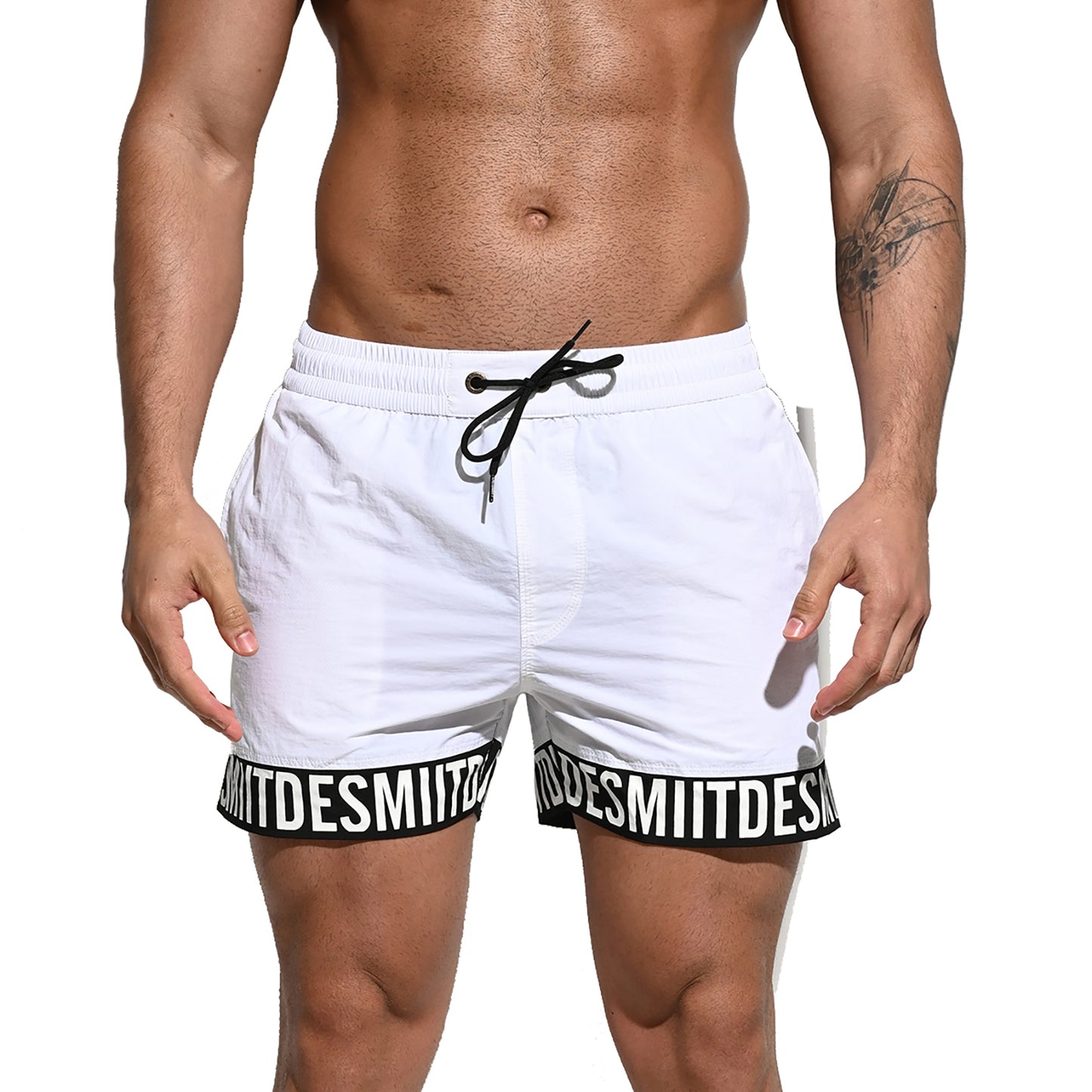 DESMIIT Men's Extra Short Alphabet Splicing Loose Board Shorts Fast-Dry Sports Swimwear B2105