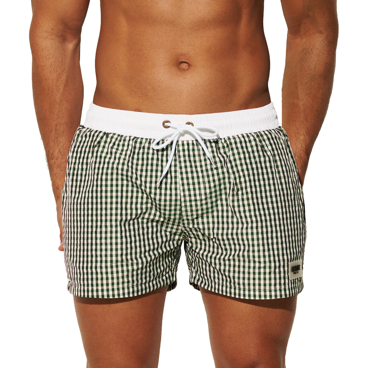 DESMIIT Men's Fashion Fine Check Short Length Quick Dry Board Shorts, Quick‑Dry Breathable Beach Shorts B2466