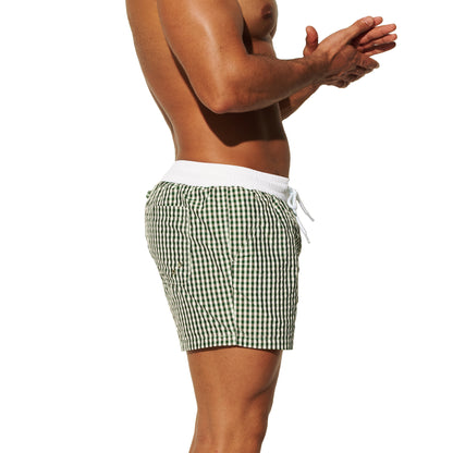 DESMIIT Men's Fashion Fine Check Short Length Quick Dry Board Shorts, Quick‑Dry Breathable Beach Shorts B2466