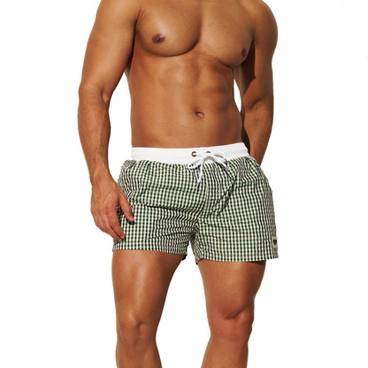 DESMIIT Men's Fashion Fine Check Short Length Quick Dry Board Shorts, Quick‑Dry Breathable Beach Shorts B2466