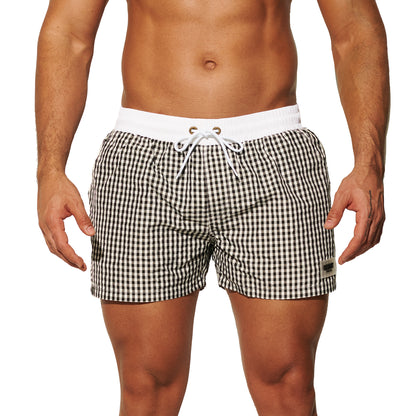 DESMIIT Men's Fashion Fine Check Short Length Quick Dry Board Shorts, Quick‑Dry Breathable Beach Shorts B2466