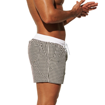 DESMIIT Men's Fashion Fine Check Short Length Quick Dry Board Shorts, Quick‑Dry Breathable Beach Shorts B2466