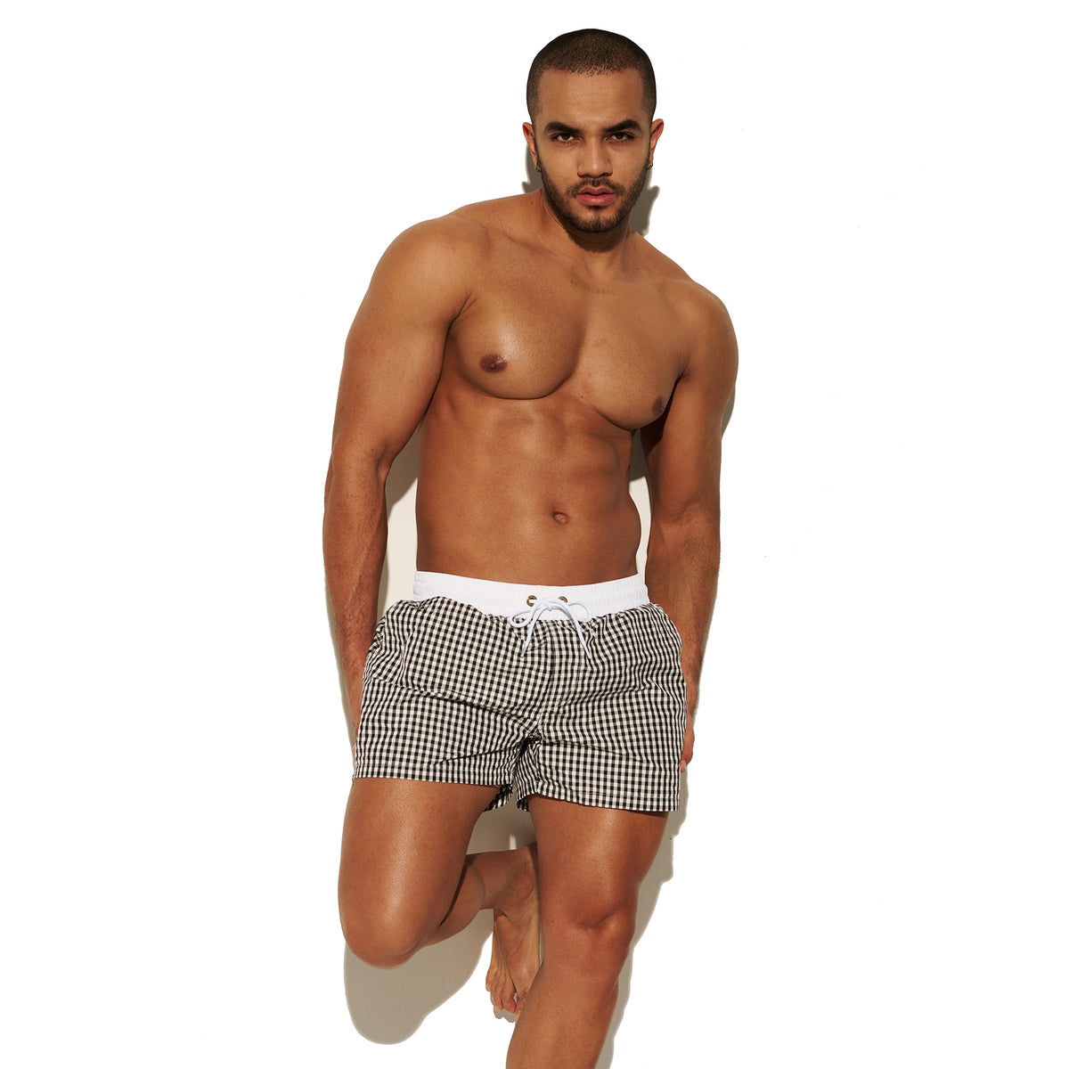 DESMIIT Men's Fashion Fine Check Short Length Quick Dry Board Shorts, Quick‑Dry Breathable Beach Shorts B2466