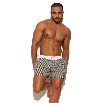DESMIIT Men's Fashion Fine Check Short Length Quick Dry Board Shorts, Quick‑Dry Breathable Beach Shorts B2466
